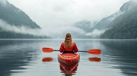 Young woman kayaking on a mountain lake with fog in the backgroundの写真素材