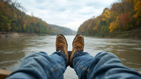 Feet of a man in jeans and shoes on the background of the river