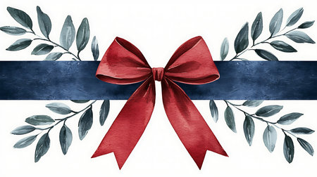 Watercolor illustration of a red bow with a blue ribbon on a white backgroundの写真素材