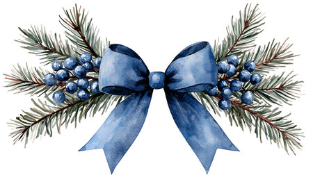 Watercolor blue bow with fir branches and berries on white background.の写真素材