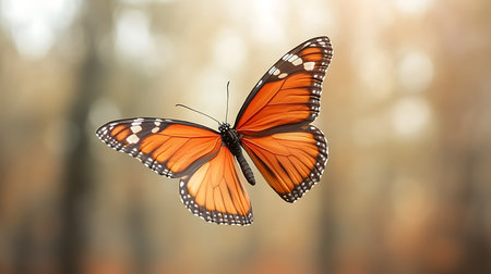 Butterfly in the forest. Beautiful orange butterfly flying in the forest.の写真素材