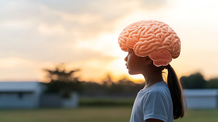 Little girl with brain in the park at sunset. Concept of education.