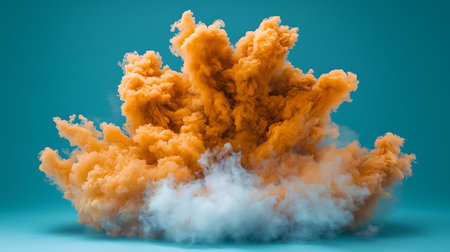 3d rendering of orange smoke explosion on blue background with clipping pathの写真素材