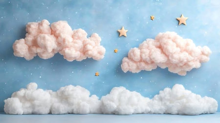 3d illustration of clouds with stars and snowflakes on blue backgroundの写真素材