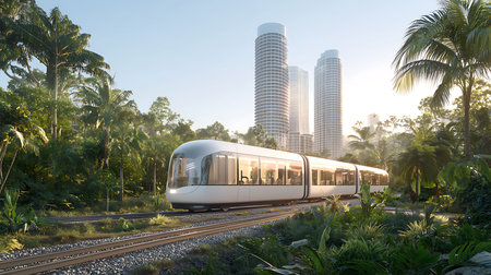 Modern tram in the city at sunset. 3D rendering.