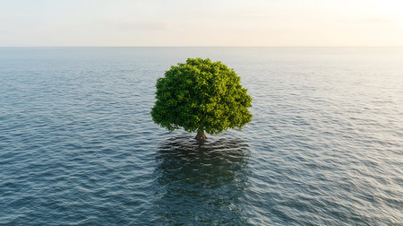 Green tree in the sea. Nature composition. 3d render illustration