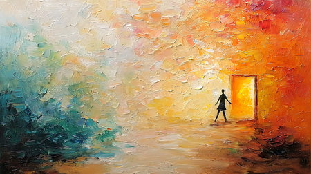 Abstract oil painting of a man walking in front of an open doorの写真素材
