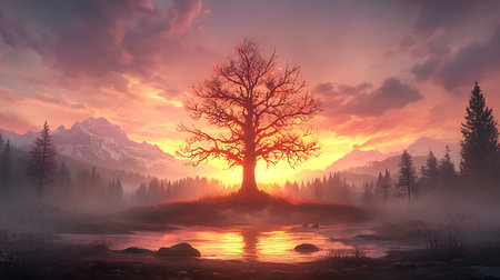 Foggy sunrise over lake in the mountains. 3d render