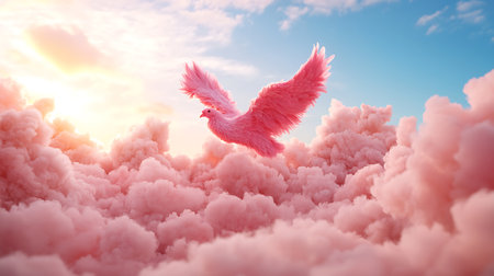 3D rendering of a white dove flying in the sky with cloudsの写真素材