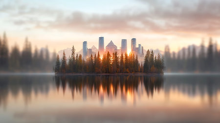 Foggy morning at the lake with skyscrapers in the backgroundの写真素材