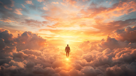 Silhouette of a man on a background of clouds at sunsetの写真素材