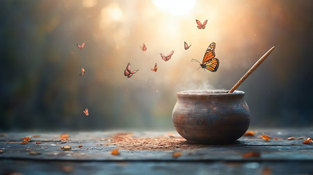 Butterfly flies out of a pot with a wooden spoon.の写真素材