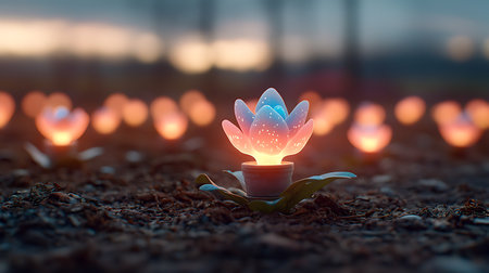 Light bulb in the garden at twilight time, 3d rendering.の写真素材