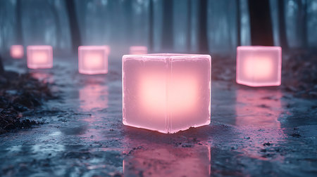 3d rendering of a glowing candle in a dark forest with fogの写真素材