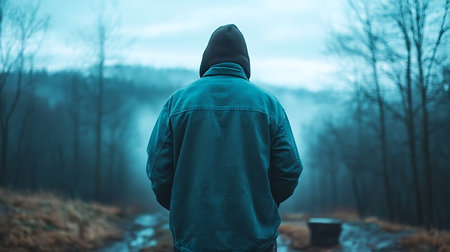 A man in a blue jacket standing in a foggy forest.の写真素材