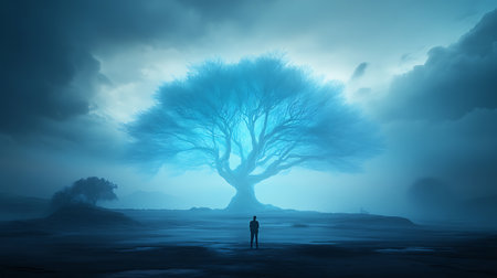 Silhouette of a man standing under a big tree in a fantasy landscapeの写真素材