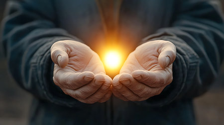 Hands of a man in the rays of the setting sun.の写真素材