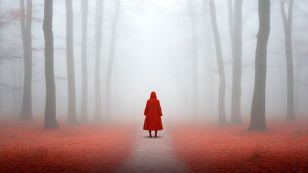 Conceptual image of a woman in a red coat standing in a foggy forestの写真素材