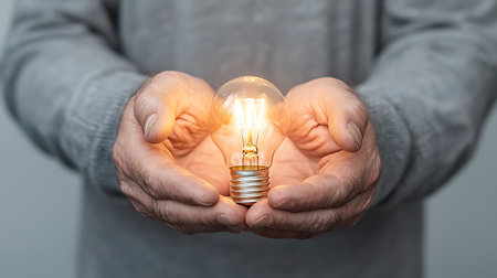 Man holding a glowing light bulb in his hands. Business and idea conceptの写真素材