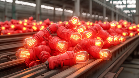Electric light bulbs in a factory, close-up. Industrial backgroundの写真素材