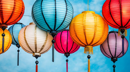 Colorful paper lanterns hanging on the sky background, Thailand.