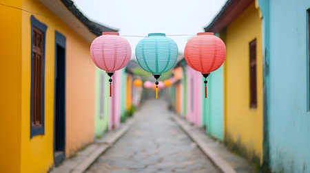 Colorful street lanterns in Hoi An ancient town, Vietnamの写真素材