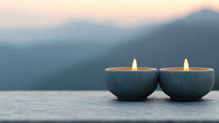 Burning candles in blue ceramic candlesticks on wooden table with mountains in backgroundの写真素材
