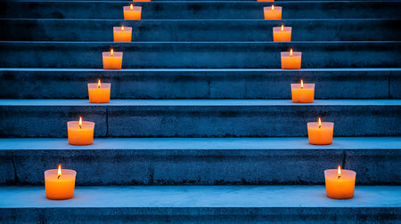 Candles on the stairs in the park. Toned image.の写真素材