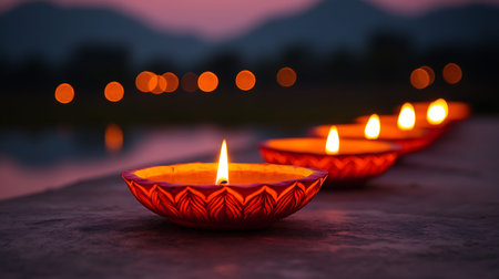 Indian festival Diwali, Diwali oil lamps lit on colorful rangoli. Hindu traditional festival of...