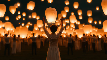 Young woman holding paper lanterns during Yee Peng festival, Chiang Mai, Thailandの写真素材