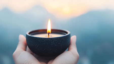 Burning candle in hand on blurred background. Aromatherapy concept.の写真素材