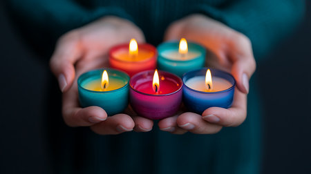 Woman holding colorful candles in her hands. Selective focus on candlesの写真素材
