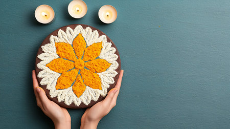 Female hands with clay cake and burning candles on color background, top viewの写真素材