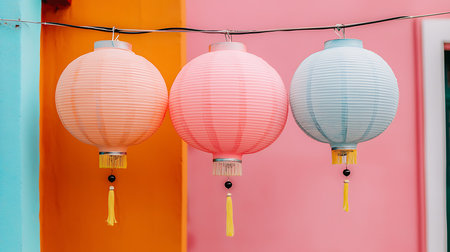 Colorful paper lanterns hanging on the wall in chinese styleの写真素材