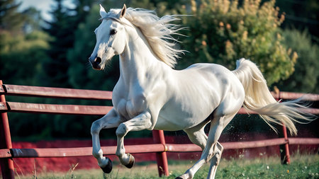 Beautiful white arabian stallion running on pasturageの写真素材