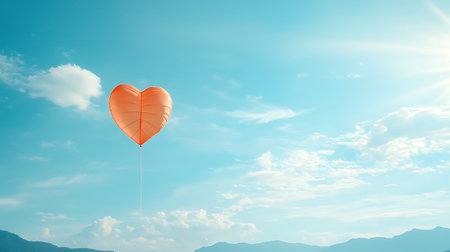 Orange heart balloon on blue sky background. Valentine's day concept. 3D Renderingの写真素材