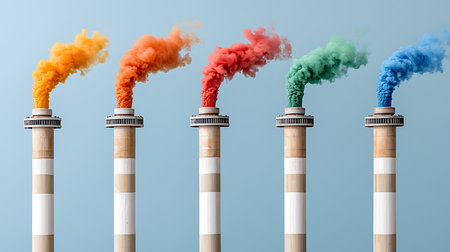 Smoke from factory chimneys on blue background. 3d renderingの写真素材