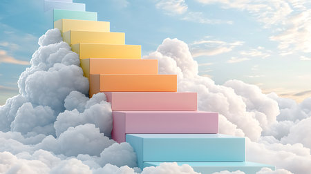 Conceptual image with colorful stairs going up to sky in cloudsの写真素材
