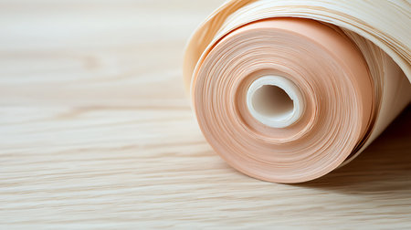 Roll of paper on wooden table. Shallow depth of field.