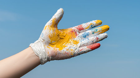 Painted hand with yellow and white paint over blue sky background.の写真素材