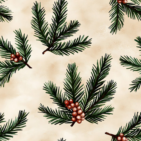 Seamless pattern with Christmas tree branches and berries. Watercolor illustration.の写真素材