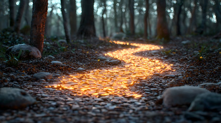 Sunset in the forest. The path is illuminated.の写真素材
