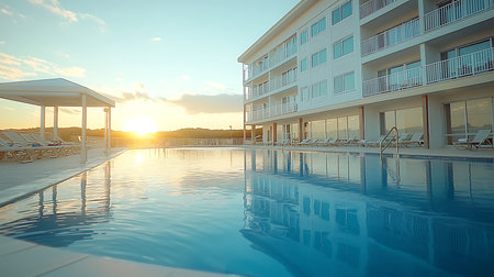 Swimming pool in luxury hotel resort at sunset. Luxury resort with swimming pool and sunsetsの写真素材