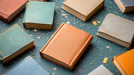 Pile of old books on a blue background. Top view.の写真素材