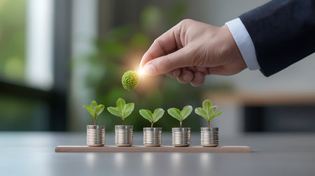 Businessman hand putting money coin to growing plant on wooden bar graph.の写真素材