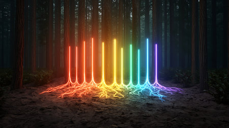 3d render of colorful neon lights in the dark forest. Futuristic background.の写真素材