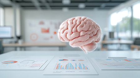 Brain with financial charts and graphs on the table. 3d renderingの写真素材