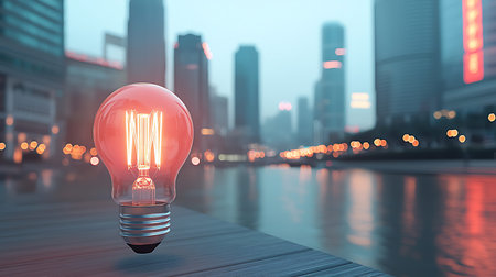 Glowing light bulb on wooden floor over city background. 3D renderingの写真素材