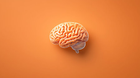 Human brain on orange background. 3d illustration. Copy space.