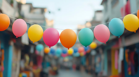 Colorful balloons hanging on rope over blurred background, vintage filter effectの写真素材